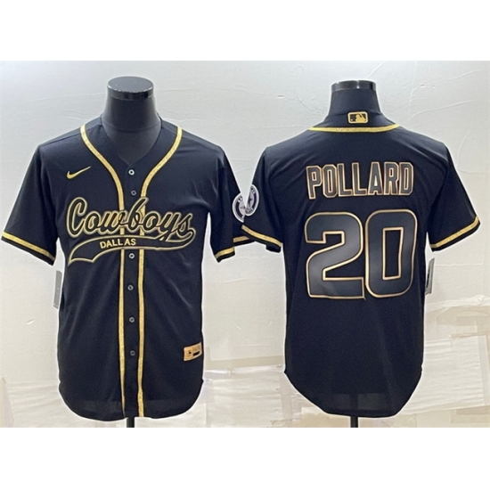 Men Dallas Cowboys 20 Tony Pollard Black Gold With Patch Cool Base Stitched Baseball Jersey Men Dallas Cowboys 20 Tony Pollard Black Gold With Patch Cool Base Stitched Baseball Jersey