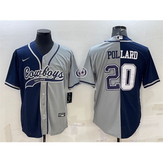 Men Dallas Cowboys 20 Tony Pollard Navy Grey Split With Patch Cool Base Stitched Baseball Jersey Men Dallas Cowboys 20 Tony Pollard Navy Grey Split With Patch Cool Base Stitched Baseball Jersey