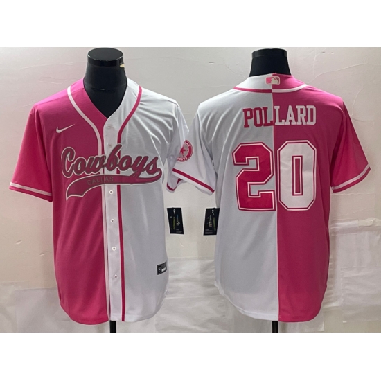 Men Dallas Cowboys 20 Tony Pollard Pink White Split Cool Base Stitched Baseball Jersey Men Dallas Cowboys 20 Tony Pollard Pink White Split Cool Base Stitched Baseball Jersey