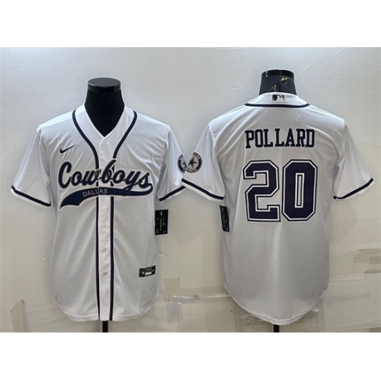 Men Dallas Cowboys 20 Tony Pollard White With Patch Cool Base Stitched Baseball Jersey Men Dallas Cowboys 20 Tony Pollard White With Patch Cool Base Stitched Baseball Jersey
