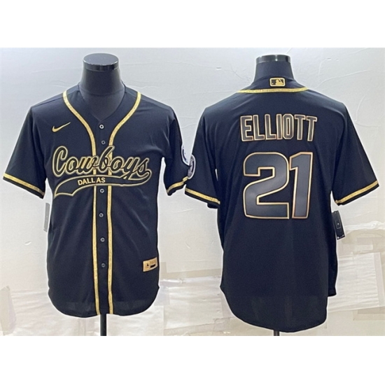 Men Dallas Cowboys 21 Ezekiel Elliott Black Gold With Patch Cool Base Stitched Baseball Jersey Men Dallas Cowboys 21 Ezekiel Elliott Black Gold With Patch Cool Base Stitched Baseball Jersey