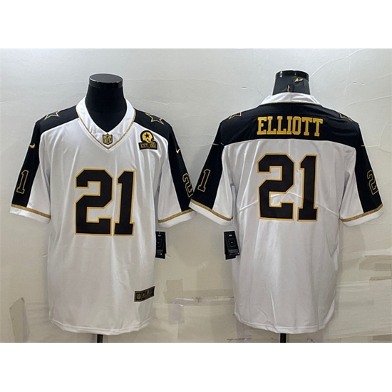 Men Dallas Cowboys 21 Ezekiel Elliott White Gold Edition With 1960 Patch Limited Stitched Football Jersey Men Dallas Cowboys 21 Ezekiel Elliott White Gold Edition With 1960 Patch Limited Stitched Football Jersey