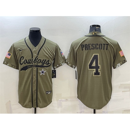 Men Dallas Cowboys 4 Dak Prescott 2022 Olive Salute To Service Cool Base Stitched Baseball Jersey Men Dallas Cowboys 4 Dak Prescott 2022 Olive Salute To Service Cool Base Stitched Baseball Jersey