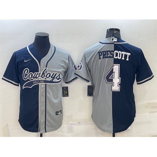 Men Dallas Cowboys 4 Dak Prescott Navy Grey Split With Patch Cool Base Stitched Baseball Jersey Men Dallas Cowboys 4 Dak Prescott Navy Grey Split With Patch Cool Base Stitched Baseball Jersey