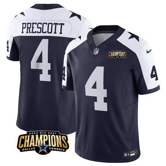 Men Dallas Cowboys 4 Dak Prescott Navy White 2023 F U S E NFC East Champions Patch Stitched Football Jersey Men Dallas Cowboys 4 Dak Prescott Navy White 2023 F U S E NFC East Champions Patch Stitched Football Jersey