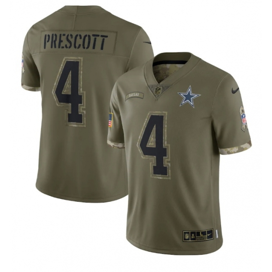 Men Dallas Cowboys 4 Dak Prescott Olive 2022 Salute To Service Limited Stitched Jersey Men Dallas Cowboys 4 Dak Prescott Olive 2022 Salute To Service Limited Stitched Jersey