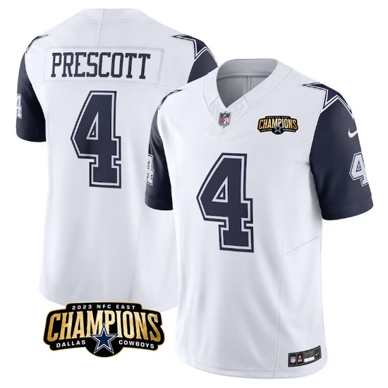 Men Dallas Cowboys 4 Dak Prescott White Navy 2023 F U S E NFC East Champions Patch Stitched Football Jersey Men Dallas Cowboys 4 Dak Prescott White Navy 2023 F U S E NFC East Champions Patch Stitched Football Jersey