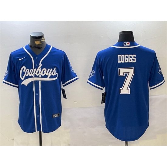Men Dallas Cowboys 7 Trevon Diggs Royal With Patch Cool Base Stitched Baseball Jersey Men Dallas Cowboys 7 Trevon Diggs Royal With Patch Cool Base Stitched Baseball Jersey