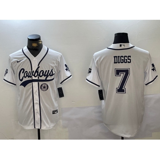 Men Dallas Cowboys 7 Trevon Diggs White With Patch Cool Base Stitched Baseball Jersey 2 Men Dallas Cowboys 7 Trevon Diggs White With Patch Cool Base Stitched Baseball Jersey 2