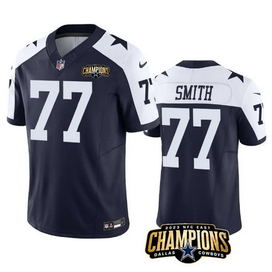 Men Dallas Cowboys 77 Tyron Smith Navy White 2023 F U S E NFC East Champions Patch Stitched Football Jersey Men Dallas Cowboys 77 Tyron Smith Navy White 2023 F U S E NFC East Champions Patch Stitched Football Jersey