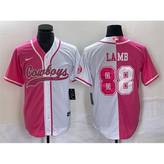 Men Dallas Cowboys 88 CeeDee Lamb Pink White Split Cool Base Stitched Baseball Jersey Men Dallas Cowboys 88 CeeDee Lamb Pink White Split Cool Base Stitched Baseball Jersey