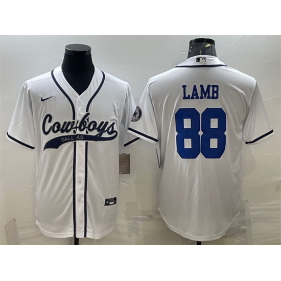 Men Dallas Cowboys 88 CeeDee Lamb White With Patch Cool Base Stitched Baseball Jersey Men Dallas Cowboys 88 CeeDee Lamb White With Patch Cool Base Stitched Baseball Jersey