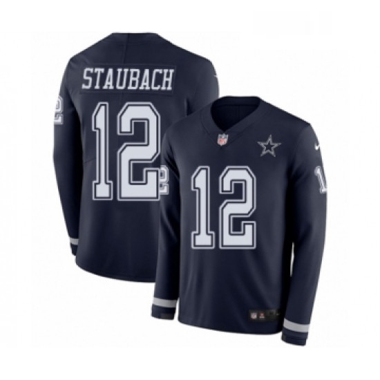 Mens Nike Dallas Cowboys 12 Roger Staubach Limited Navy Blue Therma Long Sleeve NFL Jersey Mens Nike Dallas Cowboys 12 Roger Staubach Limited Navy Blue Therma Long Sleeve NFL Jersey