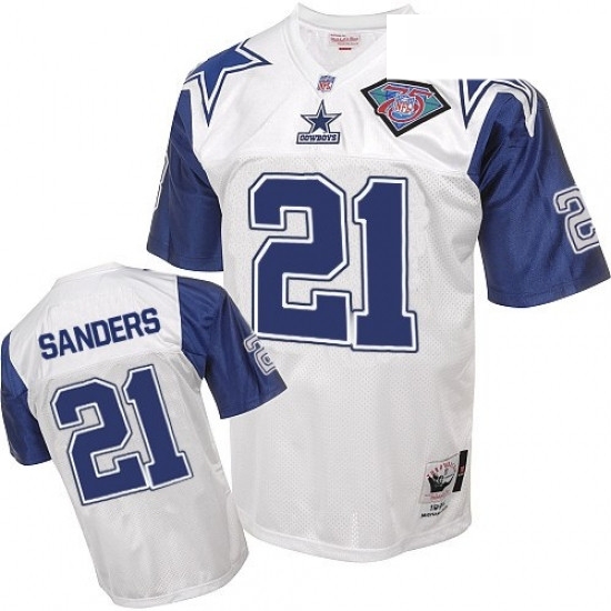 Mitchell and Ness Dallas Cowboys 21 Deion Sanders Authentic White 75TH Patch Throwback NFL Jersey Mitchell and Ness Dallas Cowboys 21 Deion Sanders Authentic White 75TH Patch Throwback NFL Jersey