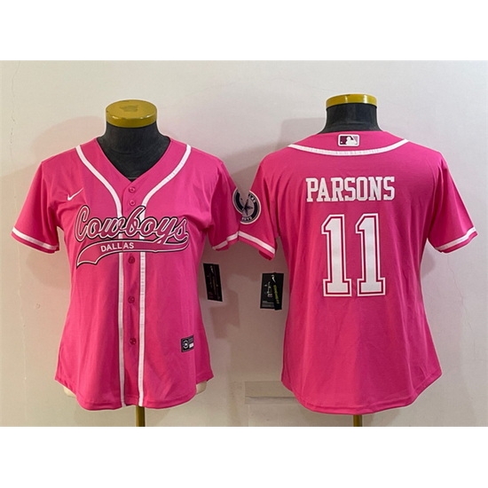 Women Dallas Cowboys 11 Micah Parsons Pink With Patch Cool Base Stitched Baseball Jersey Women Dallas Cowboys 11 Micah Parsons Pink With Patch Cool Base Stitched Baseball Jersey