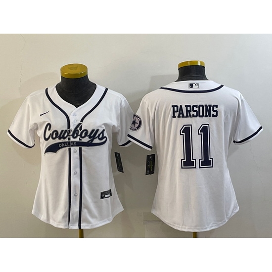 Women Dallas Cowboys 11 Micah Parsons White With Patch Cool Base Stitched Baseball Jersey Women Dallas Cowboys 11 Micah Parsons White With Patch Cool Base Stitched Baseball Jersey