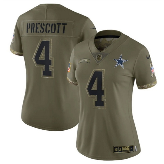 Women Dallas Cowboys 4 Dak Prescott Olive 2022 Salute To Service Limited Stitched Jersey Women Dallas Cowboys 4 Dak Prescott Olive 2022 Salute To Service Limited Stitched Jersey