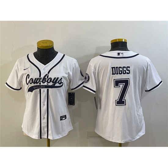 Women Dallas Cowboys 7 Trevon Diggs White With Patch Cool Base Stitched Baseball Jersey Women Dallas Cowboys 7 Trevon Diggs White With Patch Cool Base Stitched Baseball Jersey