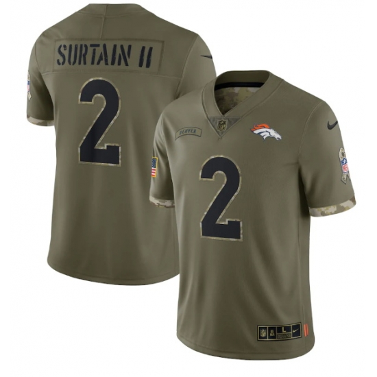 Men Denver Broncos 2 Pat Surtain II Olive 2022 Salute To Service Limited Stitched Jersey Men Denver Broncos 2 Pat Surtain II Olive 2022 Salute To Service Limited Stitched Jersey