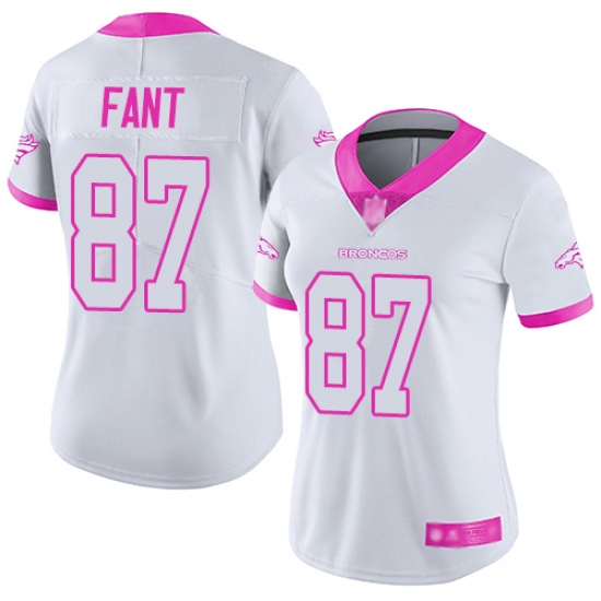 Broncos 87 Noah Fant White Pink Women Stitched Football Limited Rush Fashion Jersey Broncos 87 Noah Fant White Pink Women Stitched Football Limited Rush Fashion Jersey