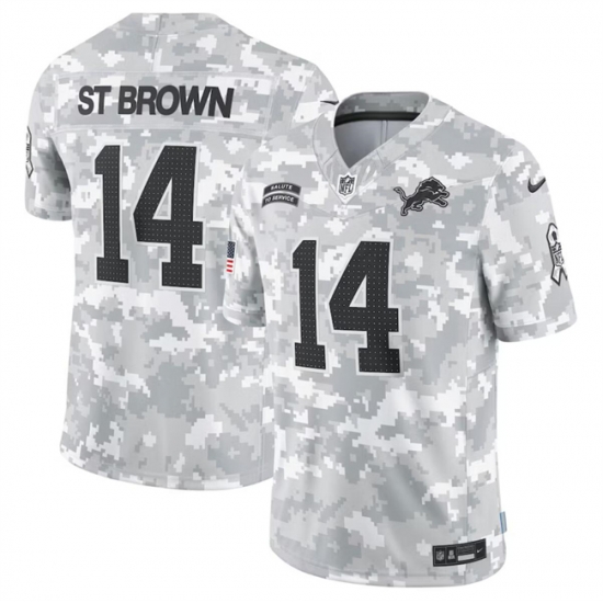 Men Detroit Lions 14 Amon Ra St Brown 2024 Arctic Camo Salute To Service Limited Stitched Football Jersey Men Detroit Lions 14 Amon Ra St Brown 2024 Arctic Camo Salute To Service Limited Stitched Football Jersey