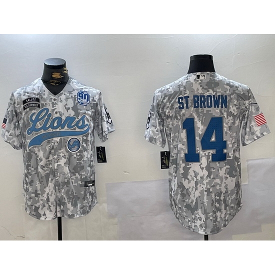 Men Detroit Lions 14 Amon Ra St Brown 2024 Arctic Camo Salute To Service Stitched Baseball Jersey 5 Men Detroit Lions 14 Amon Ra St Brown 2024 Arctic Camo Salute To Service Stitched Baseball Jersey 5