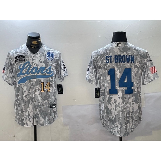 Men Detroit Lions 14 Amon Ra St Brown 2024 Arctic Camo Salute To Service Stitched Baseball Jersey 6 Men Detroit Lions 14 Amon Ra St Brown 2024 Arctic Camo Salute To Service Stitched Baseball Jersey 6