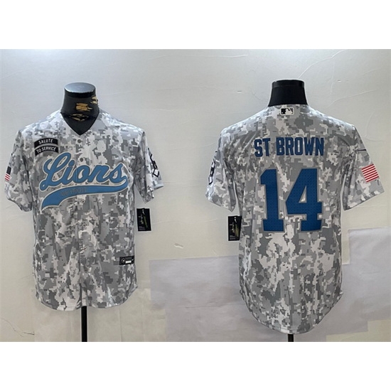 Men Detroit Lions 14 Amon Ra St Brown 2024 Arctic Camo Salute To Service Stitched Baseball Jersey Men Detroit Lions 14 Amon Ra St Brown 2024 Arctic Camo Salute To Service Stitched Baseball Jersey
