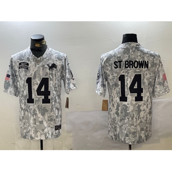 Men Detroit Lions 14 Amon Ra St Brown 2024 F U S E Arctic Camo Salute To Service Limited Stitched Football jerseys Men Detroit Lions 14 Amon Ra St Brown 2024 F U S E Arctic Camo Salute To Service Limited Stitched Football jerseys