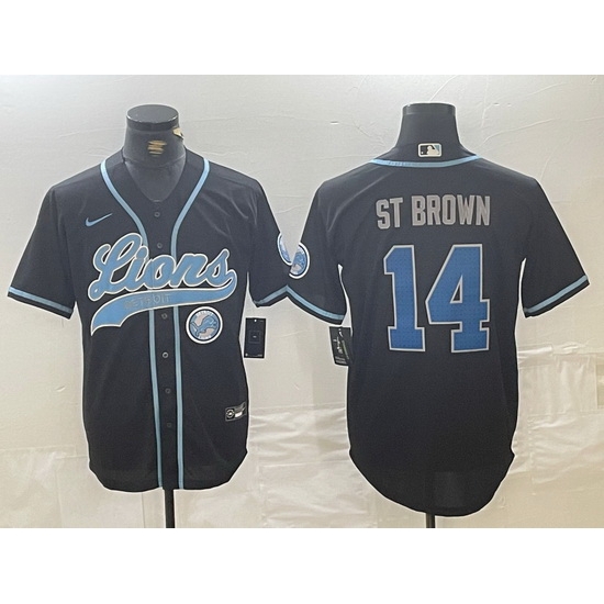 Men Detroit Lions 14 Amon Ra St Brown Black Cool Base Stitched Baseball Jersey 1 Men Detroit Lions 14 Amon Ra St Brown Black Cool Base Stitched Baseball Jersey 1