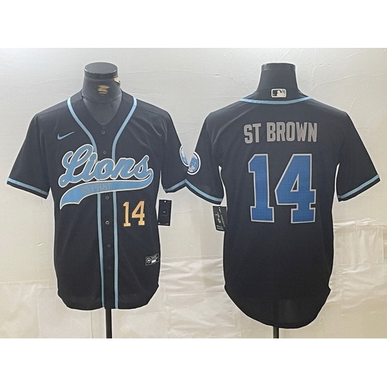 Men Detroit Lions 14 Amon Ra St Brown Black Cool Base Stitched Baseball Jersey 2 Men Detroit Lions 14 Amon Ra St Brown Black Cool Base Stitched Baseball Jersey 2