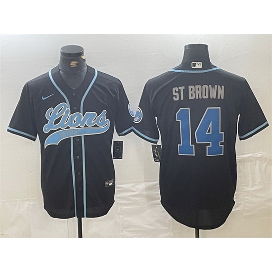 Men Detroit Lions 14 Amon Ra St Brown Black Cool Base Stitched Baseball Jersey Men Detroit Lions 14 Amon Ra St Brown Black Cool Base Stitched Baseball Jersey