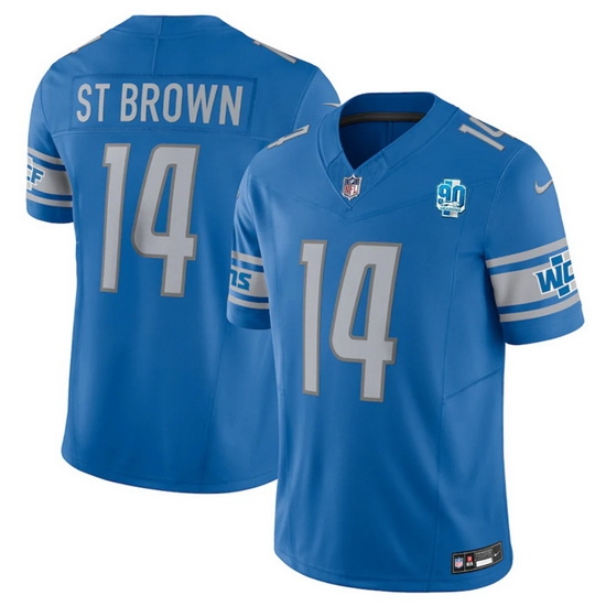 Men Detroit Lions 14 Amon Ra St Brown Blue 2023 F U S E 90th Anniversary Vapor Untouchable Limited Stitched Jersey Men Detroit Lions 14 Amon Ra St Brown Blue 2023 F U S E 90th Anniversary Vapor Untouchable Limited Stitched Jersey