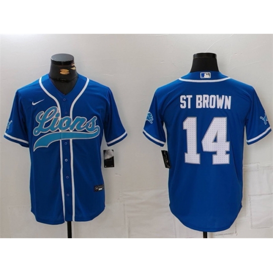 Men Detroit Lions 14 Amon Ra St Brown Blue Cool Base Stitched Baseball Jersey Men Detroit Lions 14 Amon Ra St Brown Blue Cool Base Stitched Baseball Jersey