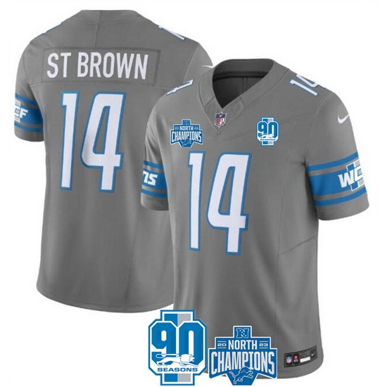 Men Detroit Lions 14 Amon Ra St Brown Grey 2023 F U S E 90th Anniversary NFC North Division Champions Vapor Untouchable Limited Stitched Jersey Men Detroit Lions 14 Amon Ra St Brown Grey 2023 F U S E 90th Anniversary NFC North Division Champions Vapor Untouchable Limited Stitched Jersey