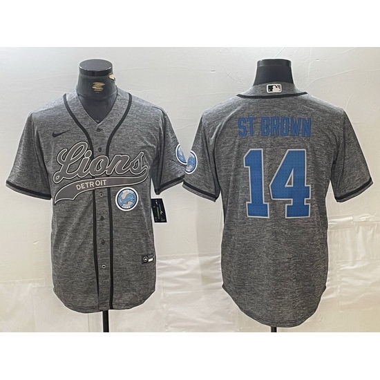 Men Detroit Lions 14 Amon Ra St Brown Grey Cool Base Stitched Baseball Jersey 1 Men Detroit Lions 14 Amon Ra St Brown Grey Cool Base Stitched Baseball Jersey 1