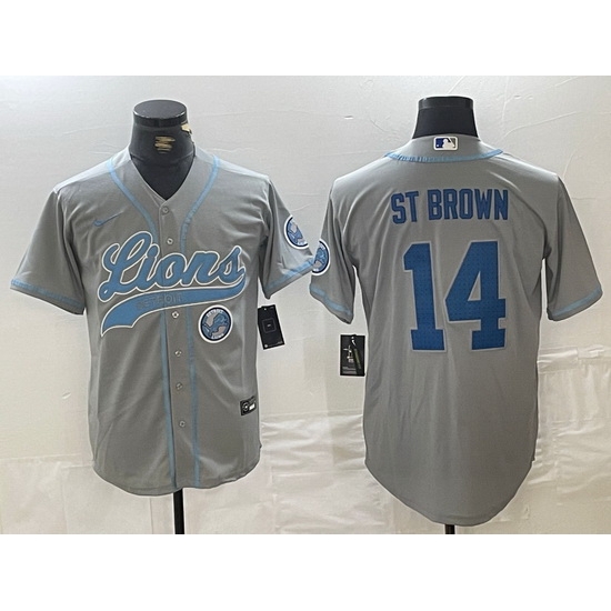 Men Detroit Lions 14 Amon Ra St Brown Grey Cool Base Stitched Baseball Jersey 3 Men Detroit Lions 14 Amon Ra St Brown Grey Cool Base Stitched Baseball Jersey 3