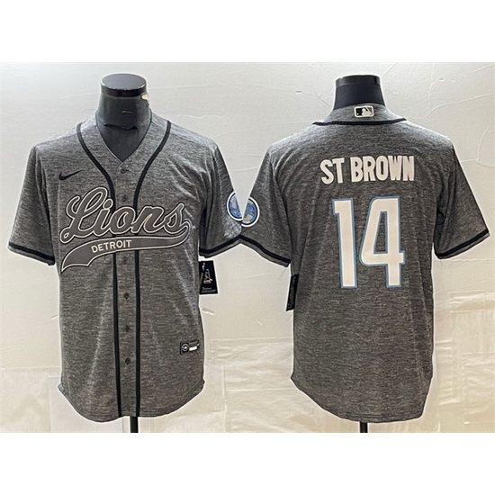 Men Detroit Lions 14 Amon Ra St Brown Grey Cool Base Stitched Baseball Jersey Men Detroit Lions 14 Amon Ra St Brown Grey Cool Base Stitched Baseball Jersey