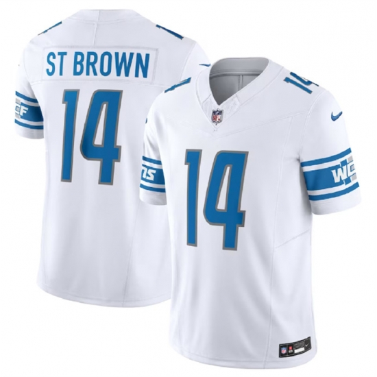 Men Detroit Lions 14 Amon Ra St Brown White 2023 F U S E Vapor Untouchable Limited Stitched Jersey Men Detroit Lions 14 Amon Ra St Brown White 2023 F U S E Vapor Untouchable Limited Stitched Jersey
