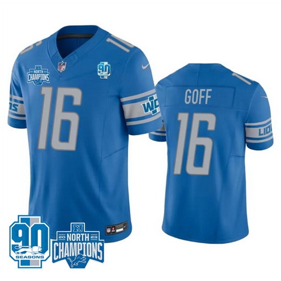 Men Detroit Lions 16 Jared Goff Blue 2023 F U S E 90th Anniversary NFC North Division Champions Vapor Untouchable Limited Stitched Jersey Men Detroit Lions 16 Jared Goff Blue 2023 F U S E 90th Anniversary NFC North Division Champions Vapor Untouchable Limited Stitched Jersey
