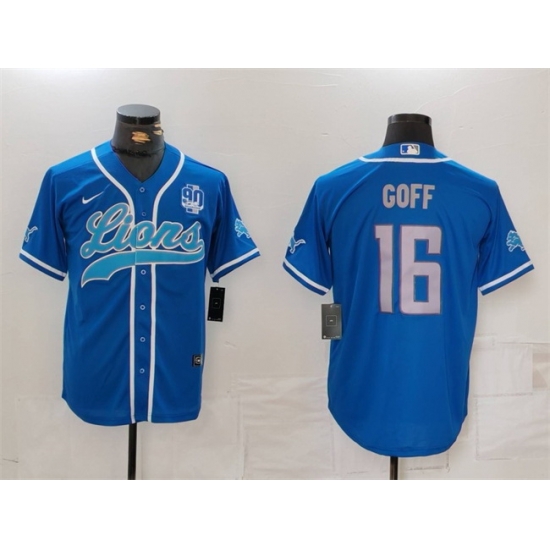 Men Detroit Lions 16 Jared Goff Blue With 90th Anniversary Patch Cool Base Stitched Baseball Jersey Men Detroit Lions 16 Jared Goff Blue With 90th Anniversary Patch Cool Base Stitched Baseball Jersey