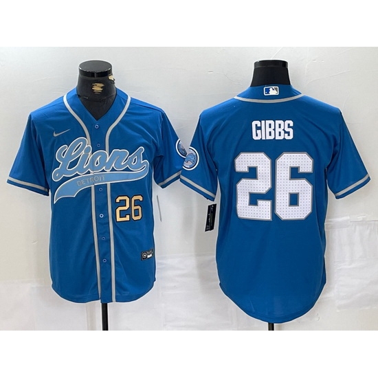 Men Detroit Lions 26 Jahmyr Gibbs Blue Cool Base Stitched Baseball Jersey 1 Men Detroit Lions 26 Jahmyr Gibbs Blue Cool Base Stitched Baseball Jersey 1