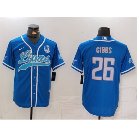 Men Detroit Lions 26 Jahmyr Gibbs Blue With 90th Anniversary Patch Cool Base Stitched Baseball Jersey Men Detroit Lions 26 Jahmyr Gibbs Blue With 90th Anniversary Patch Cool Base Stitched Baseball Jersey