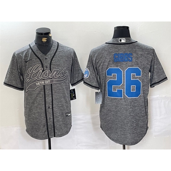 Men Detroit Lions 26 Jahmyr Gibbs Grey Cool Base Stitched Baseball JerseyS Men Detroit Lions 26 Jahmyr Gibbs Grey Cool Base Stitched Baseball JerseyS