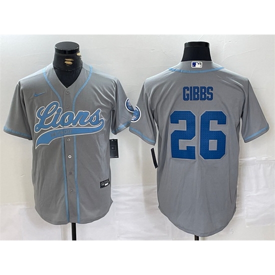 Men Detroit Lions 26 Jahmyr Gibbs Grey Cool Base Stitched Baseball Jersey Men Detroit Lions 26 Jahmyr Gibbs Grey Cool Base Stitched Baseball Jersey