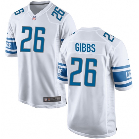 Men Detroit Lions 26 Jahmyr Gibbs White Stitched Game Jersey Men Detroit Lions 26 Jahmyr Gibbs White Stitched Game Jersey