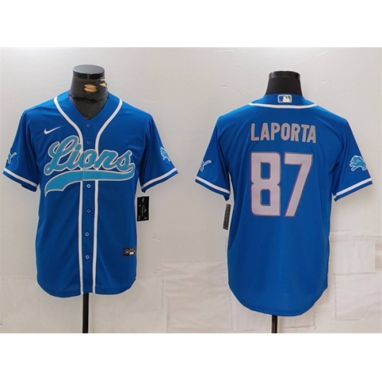 Men Detroit Lions 87 Sam LaPorta Blue Cool Base Stitched Baseball Jersey Men Detroit Lions 87 Sam LaPorta Blue Cool Base Stitched Baseball Jersey
