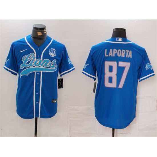 Men Detroit Lions 87 Sam LaPorta Blue With 90th Anniversary Patch Cool Base Stitched Baseball Jersey Men Detroit Lions 87 Sam LaPorta Blue With 90th Anniversary Patch Cool Base Stitched Baseball Jersey