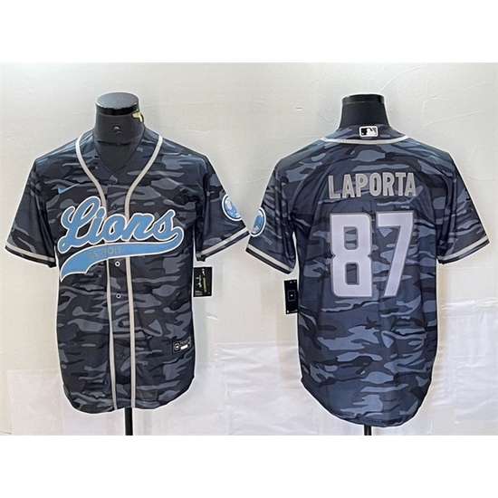Men Detroit Lions 87 Sam LaPorta Grey Camo Cool Base Stitched Baseball Jersey Men Detroit Lions 87 Sam LaPorta Grey Camo Cool Base Stitched Baseball Jersey