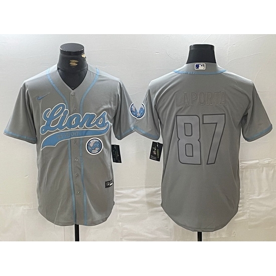 Men Detroit Lions 87 Sam LaPorta Grey Cool Base Stitched Baseball Jersey 1 Men Detroit Lions 87 Sam LaPorta Grey Cool Base Stitched Baseball Jersey 1